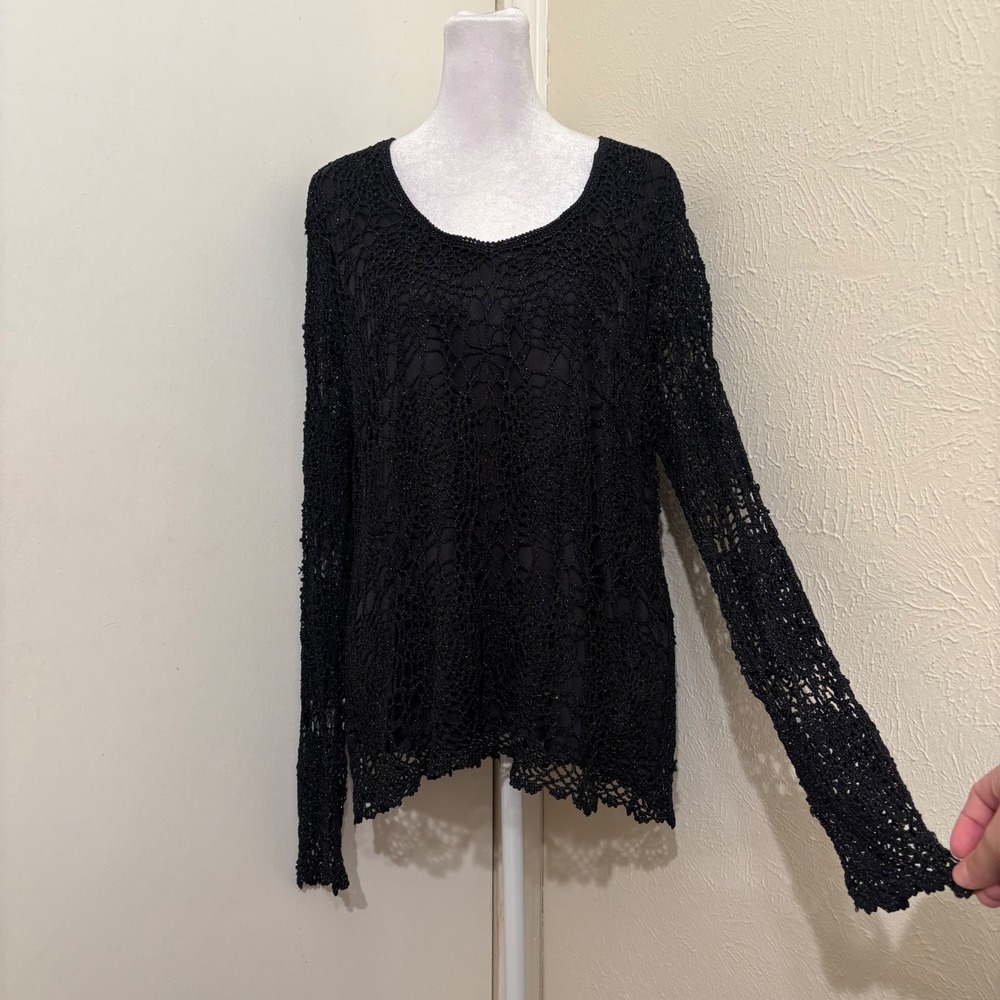 Black Metallic Crochet Spiderweb Sheer Long Sleeve Blouse Top Whimsigoth 1X